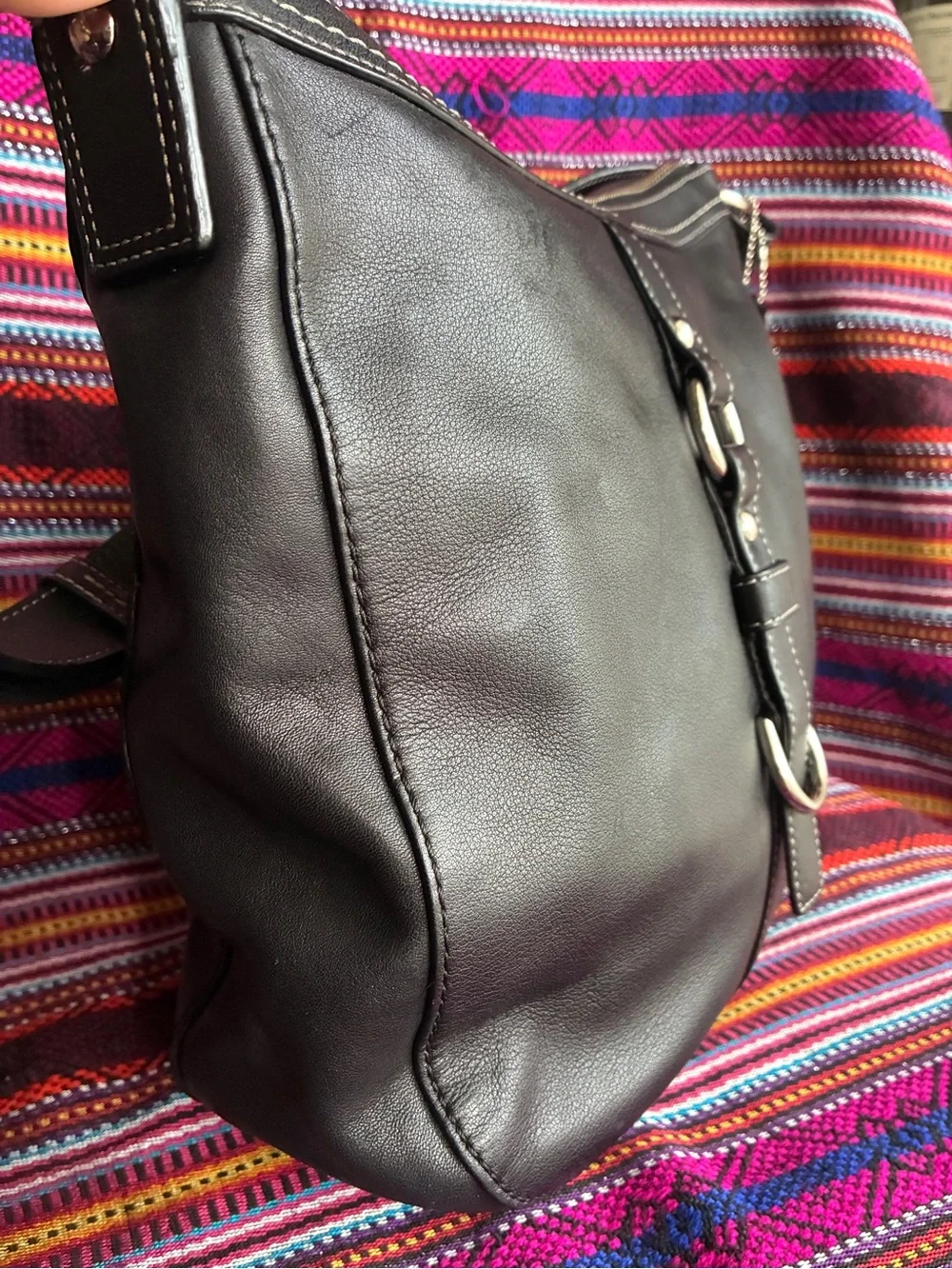 Coach Black Leather Crossbody with Silver Ring Detail